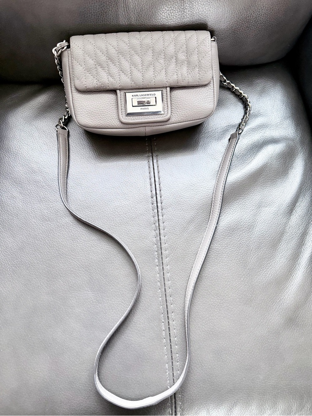 Karl Lagerfeld Quilted Light Gray Chain Strap Crossbody